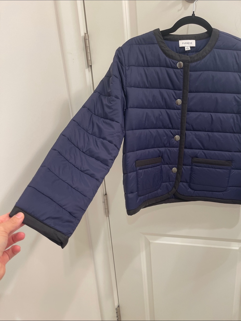 Evereve Navy Quilted Snap-Front Puffer Jacket with Black Trim - Picture 3 of 5